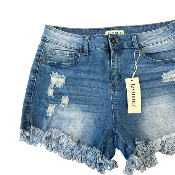 Luvamia Women's SZ M- Mid Rise Denim Shorts Stretch Ripped Raw Hem Jean Shorts - Picture 2 of 10